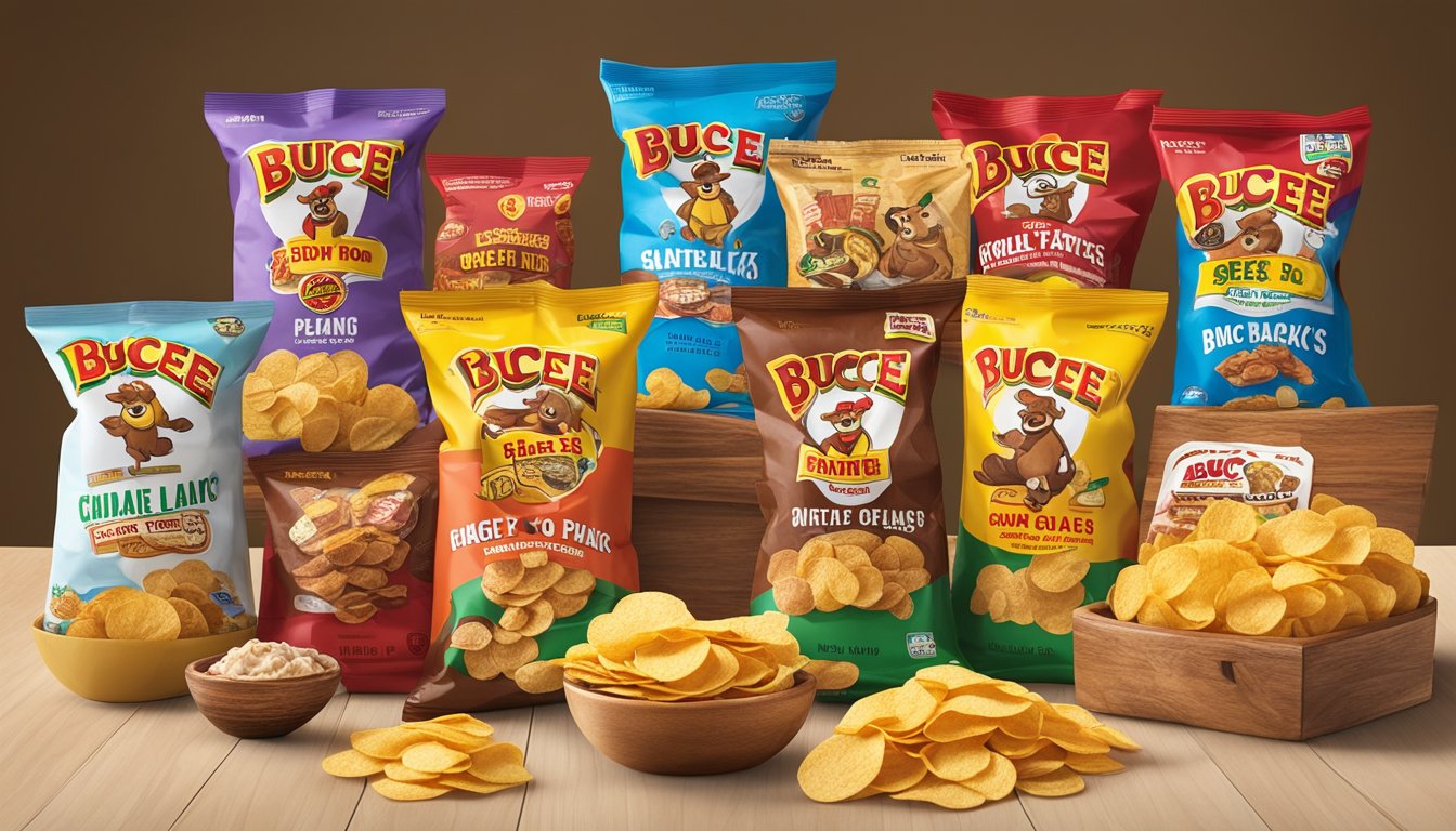 A bag of Buc-ee's BBQ Potato Chips sits alongside 9 other assorted Buc-ee's snacks, ready to be packed for a road trip with kids