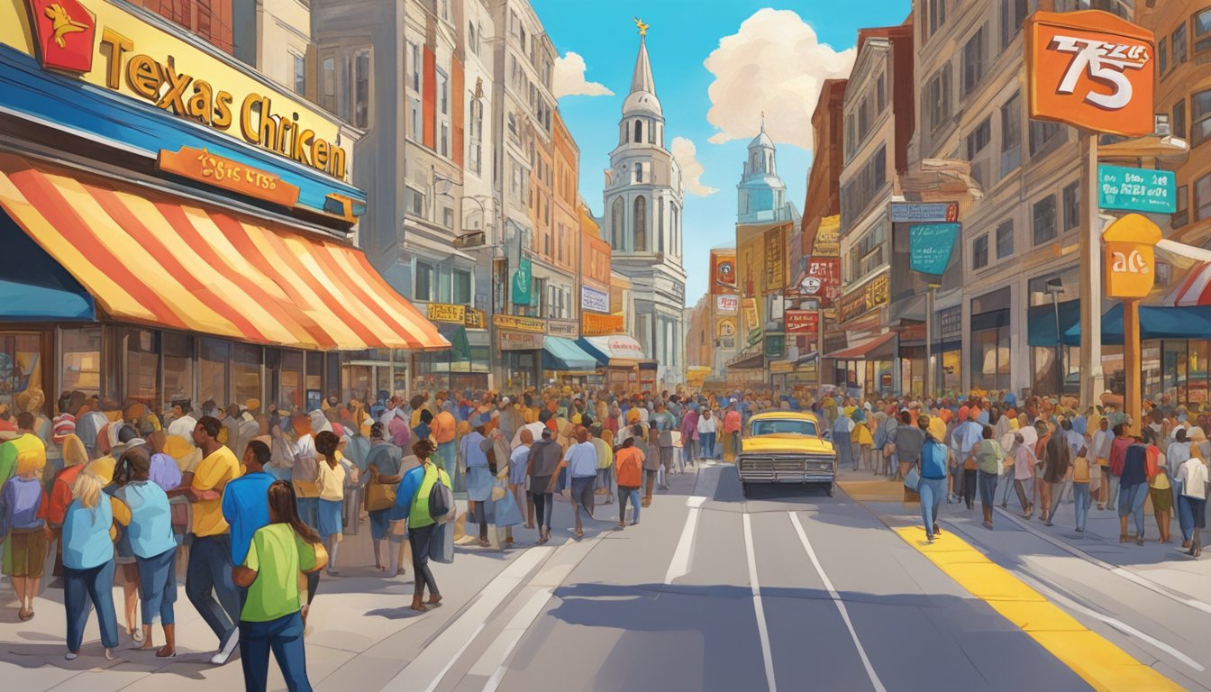 A bustling city street with colorful signs and bustling crowds, featuring a prominent Church's Texas Chicken restaurant in the foreground