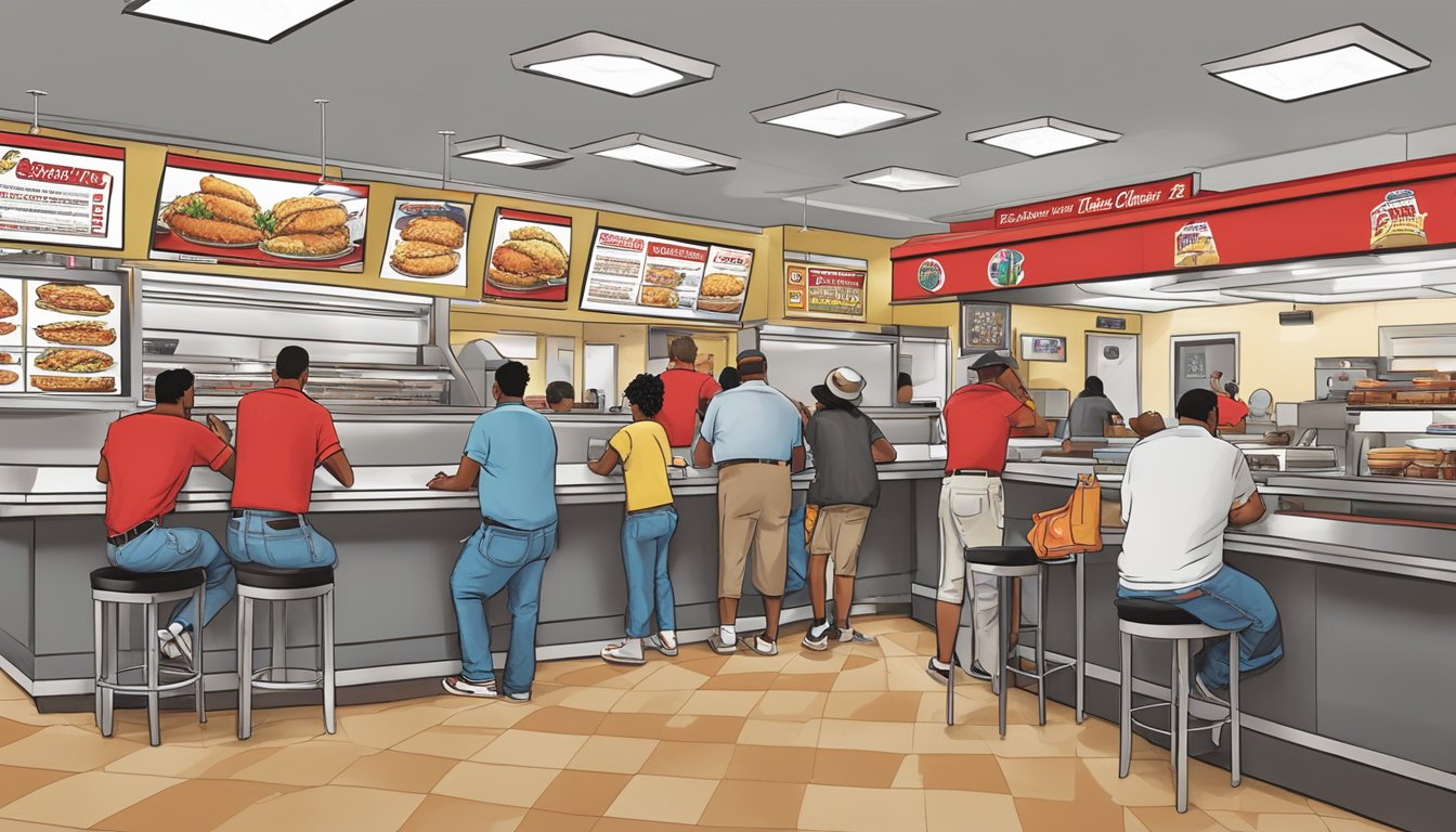 A bustling Church's Texas Chicken restaurant in Austin, TX, with a line of customers at the counter and the iconic red and white signage