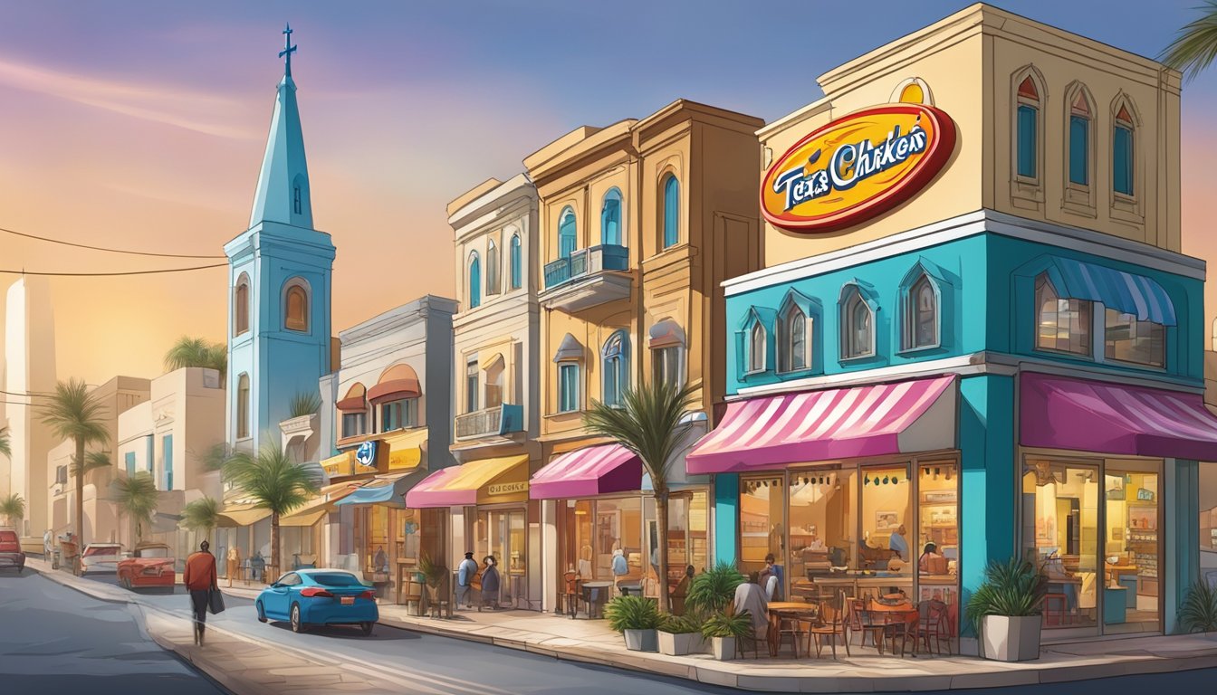 A bustling street in Bahrain with colorful buildings and a prominent Church's Texas Chicken restaurant sign