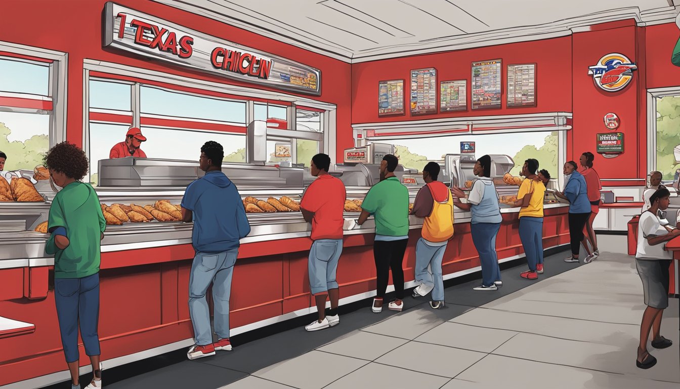 A bustling Church's Texas Chicken restaurant in Atlanta, GA, with a line of customers at the counter and the iconic red and white exterior