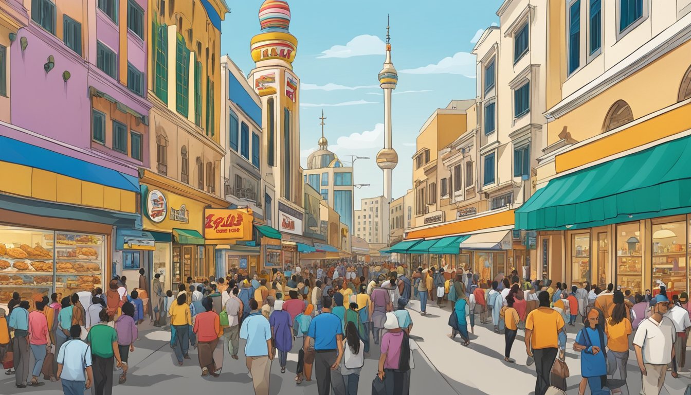 A bustling street in Kuwait City, with colorful storefronts and bustling crowds, featuring a prominent Church's Texas Chicken restaurant