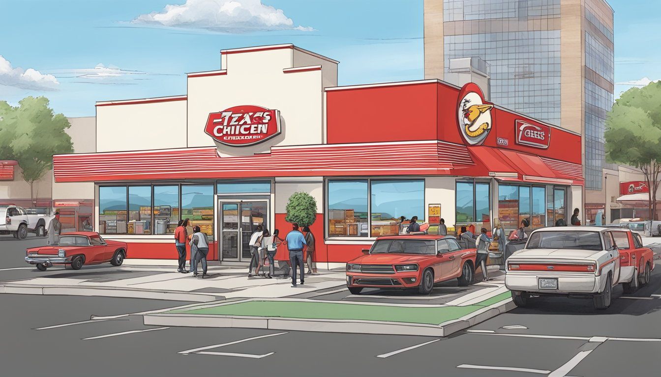 A bustling Church's Texas Chicken location in Los Angeles, with a bright red and white exterior, a drive-thru, and a crowded parking lot