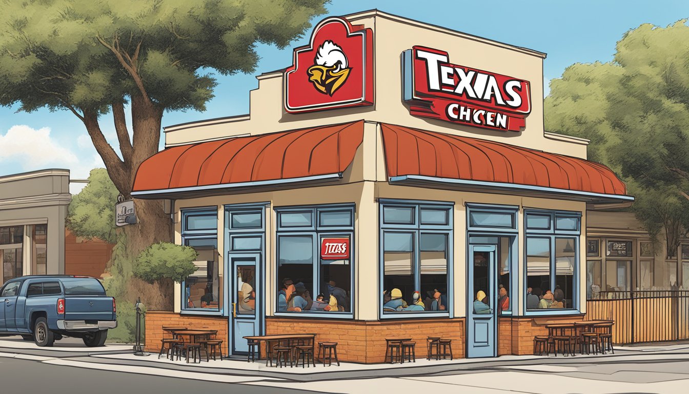 The iconic Church's Texas Chicken logo displayed prominently outside a bustling location, with a line of hungry customers eagerly waiting to order