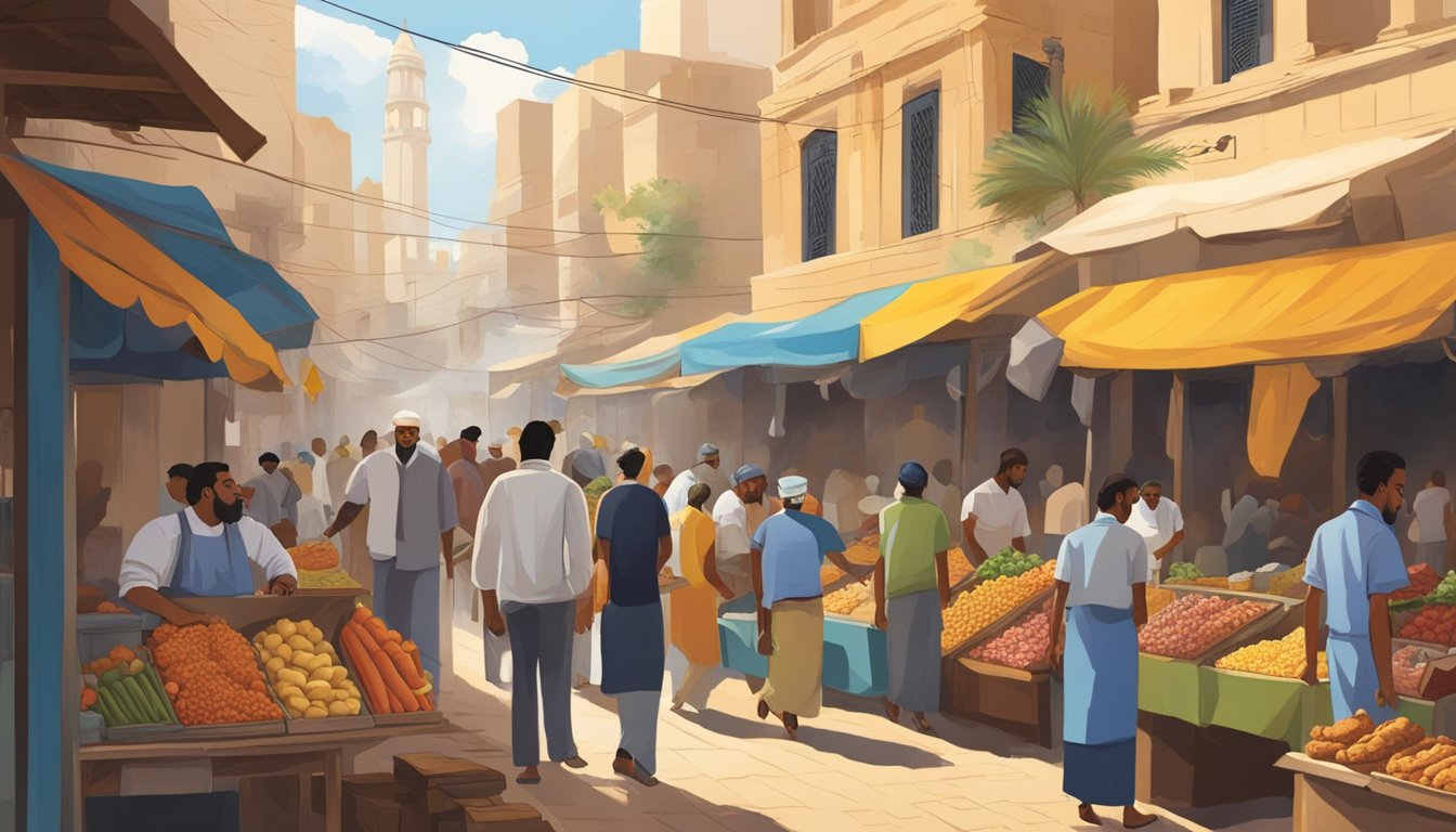 A bustling street market in Egypt, with colorful stalls and vendors selling various goods. A prominent sign advertises Church's Texas Chicken among the diverse offerings