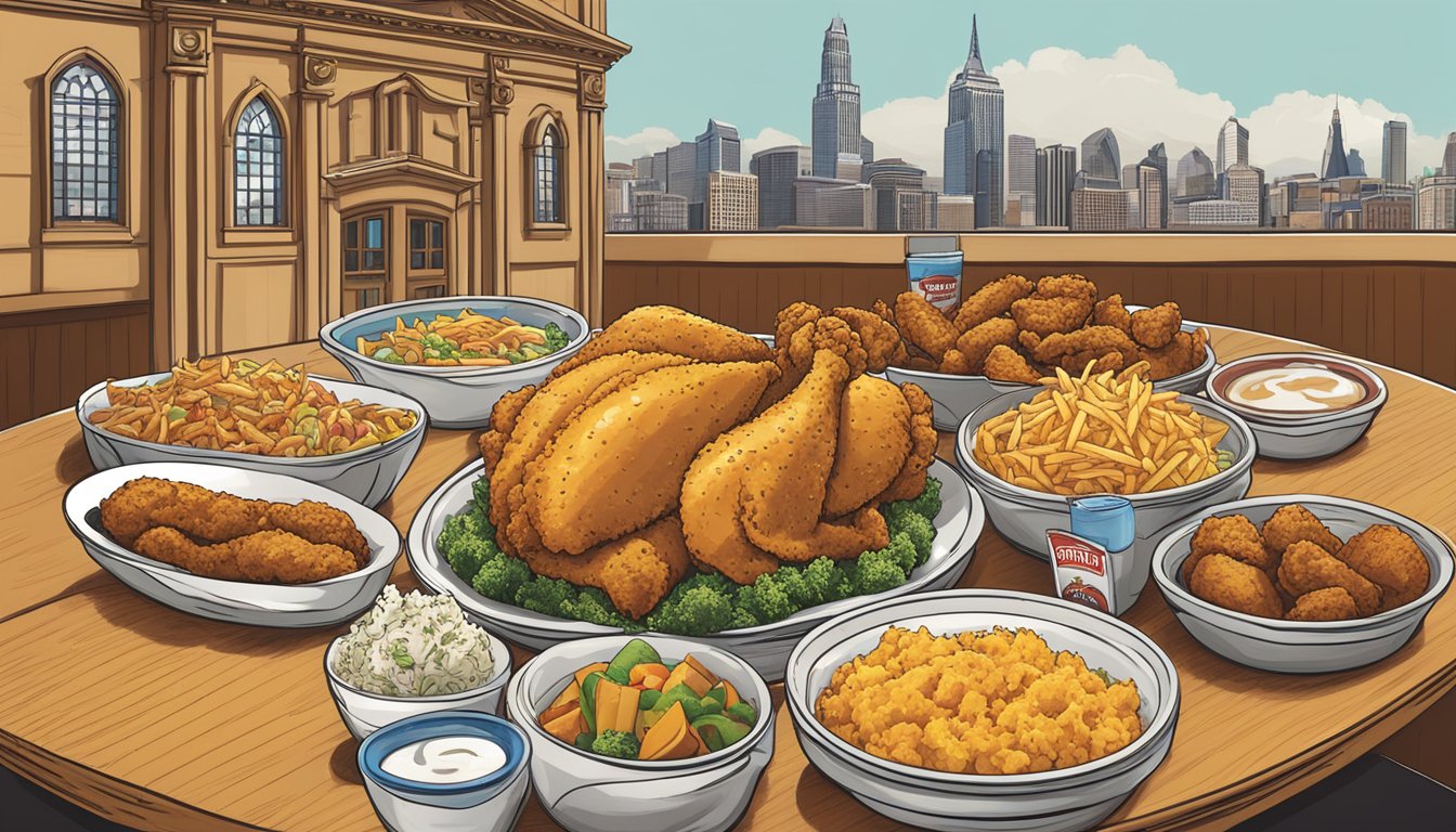 A table with a spread of Church's Texas Chicken dishes, surrounded by iconic landmarks representing the 7 best locations across America