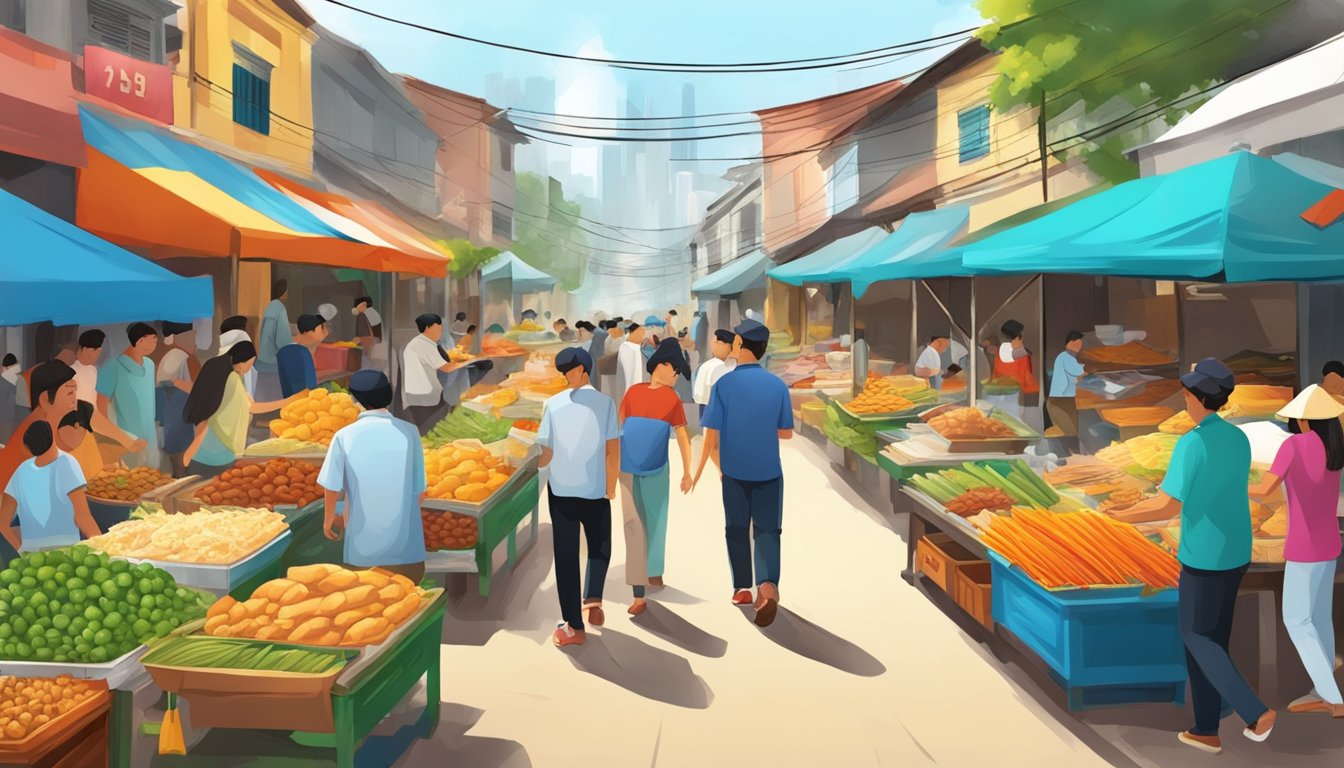 A bustling street market in Vietnam with colorful stalls and a prominent sign for Church's Texas Chicken among the various food vendors