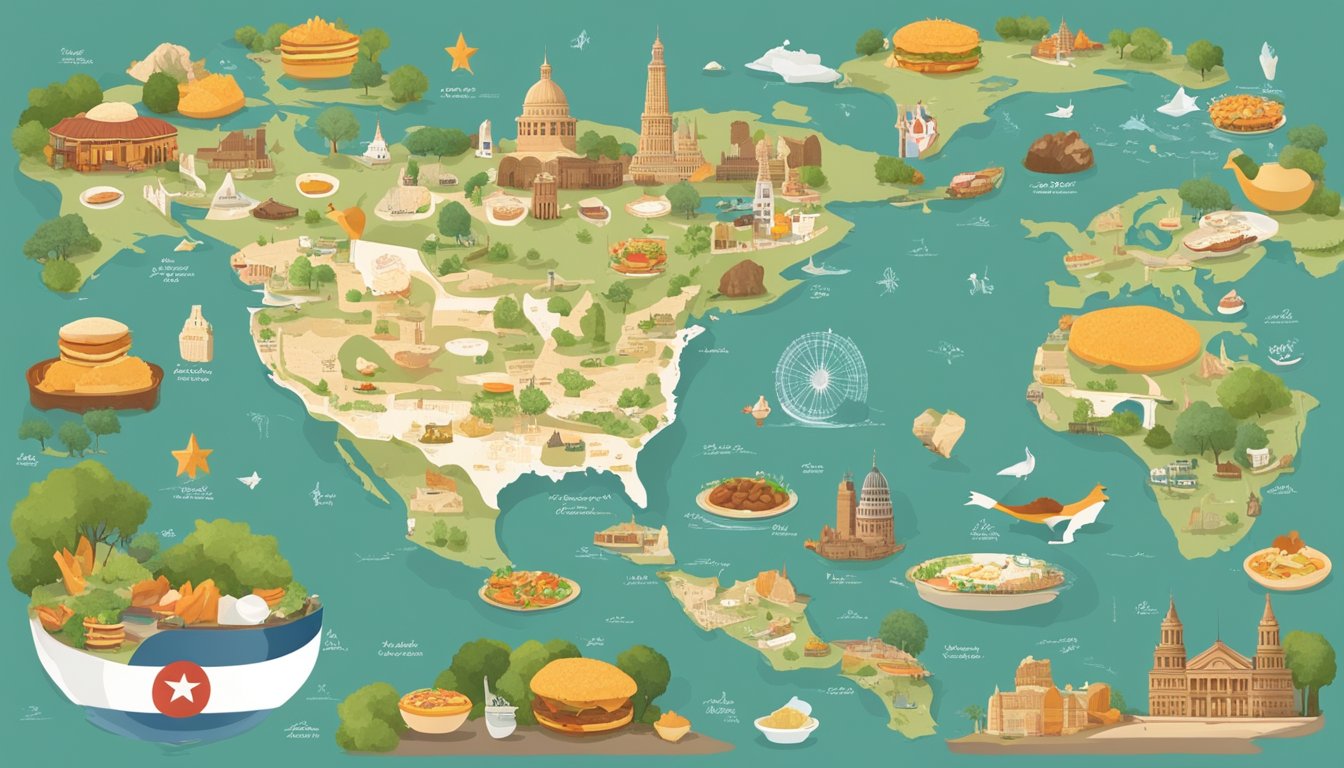 A map of the world with various locations marked, surrounded by images of Texas Chicken dishes and iconic Texas landmarks