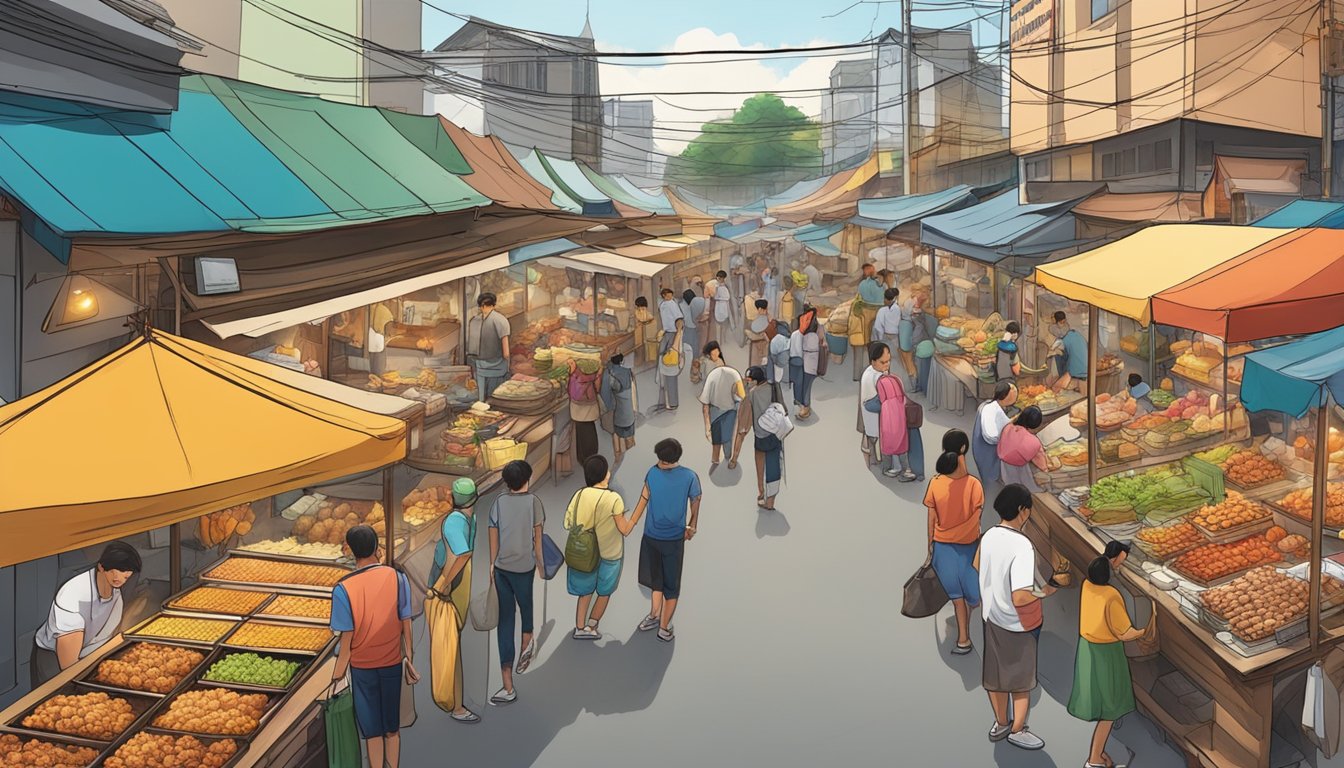 A bustling street market in Thailand, with colorful stalls and vendors selling Church's Texas Chicken to eager customers