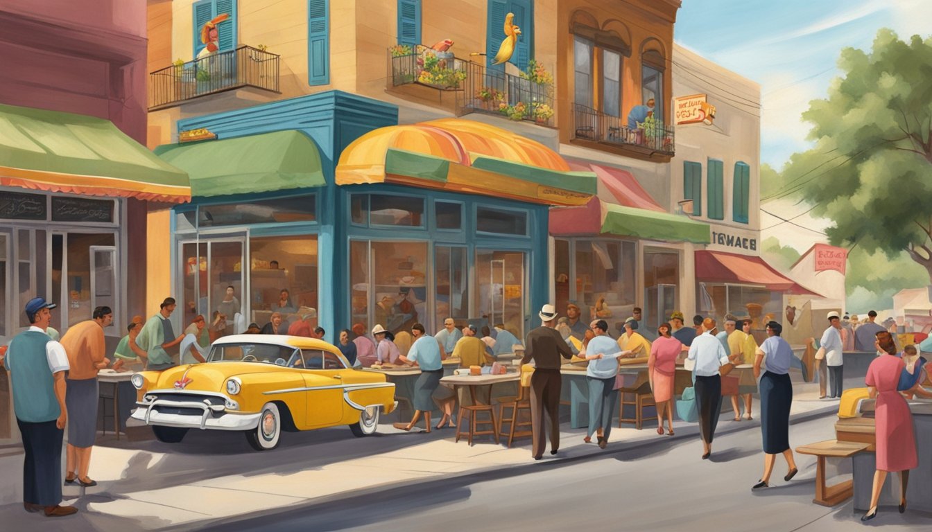 A bustling 1950s San Antonio street with a small Texan chicken restaurant, surrounded by eager customers and the lively energy of a new business venture