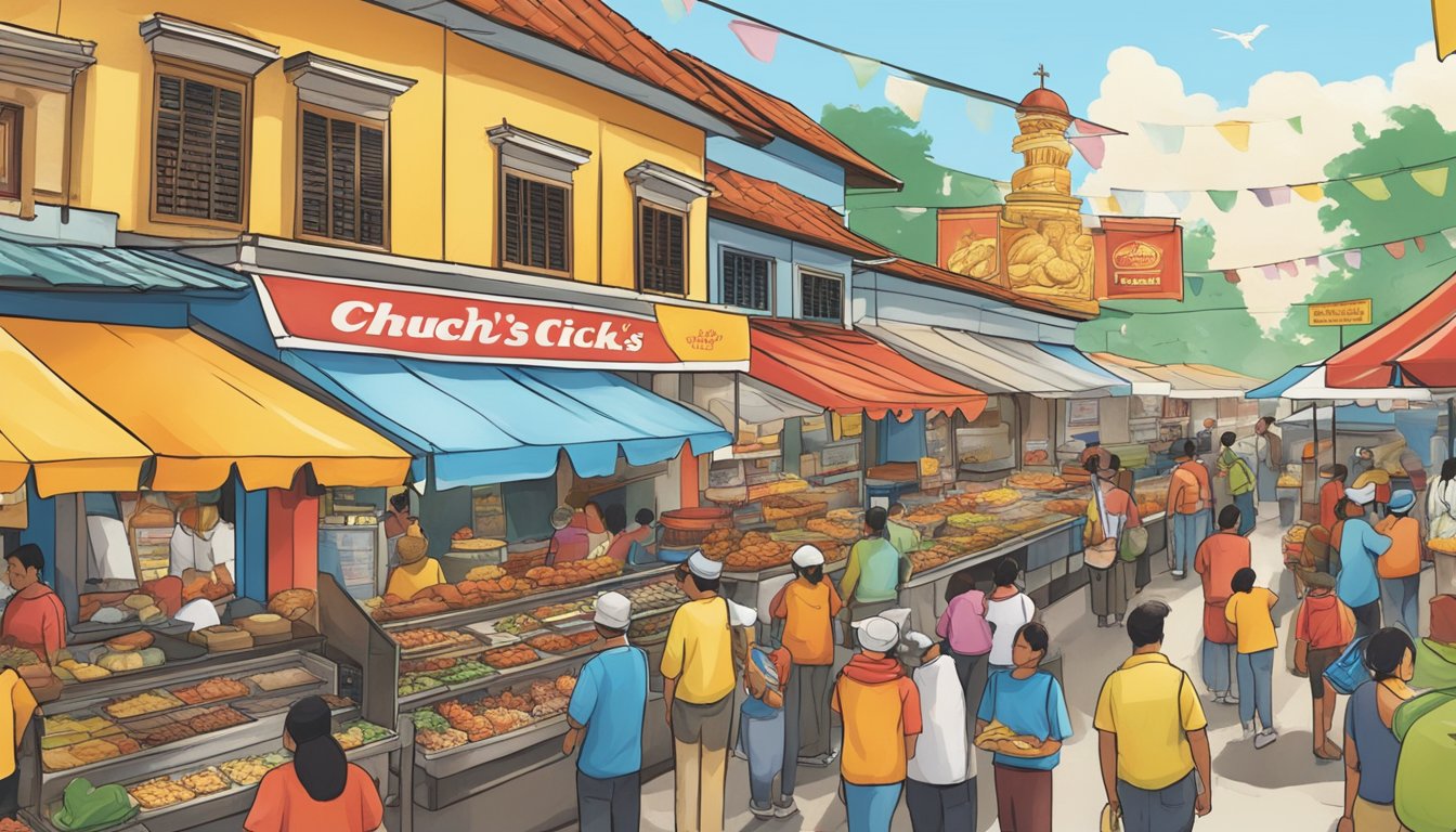 A bustling street market in Indonesia, with colorful stalls and banners advertising Church's Texas Chicken. Customers line up eagerly to order their favorite fried chicken dishes