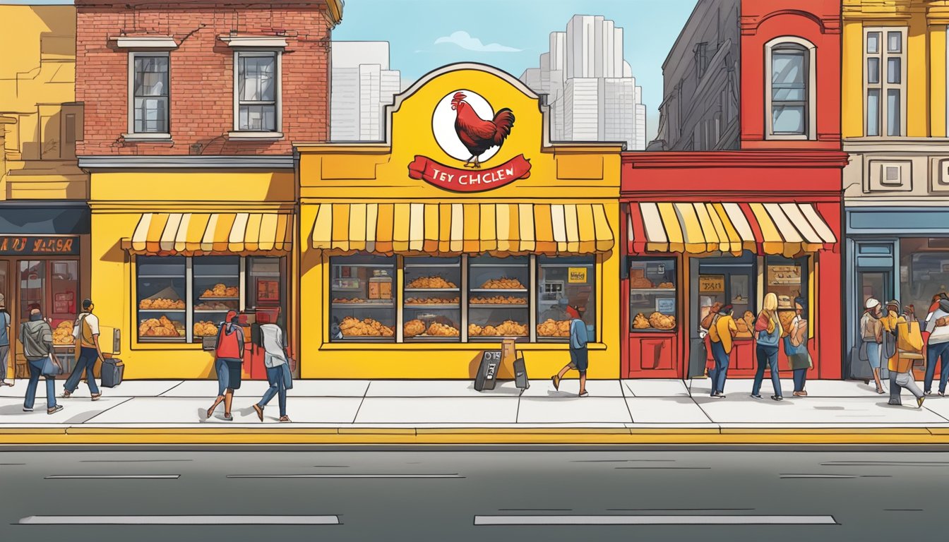 A vibrant yellow and red storefront with a Texas Chicken logo, surrounded by bustling streets and happy customers