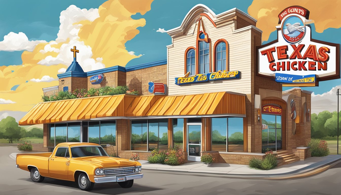 A colorful Texas landscape with a prominent Church's Texas Chicken restaurant sign and various illustrations of the 12 facts about the restaurant