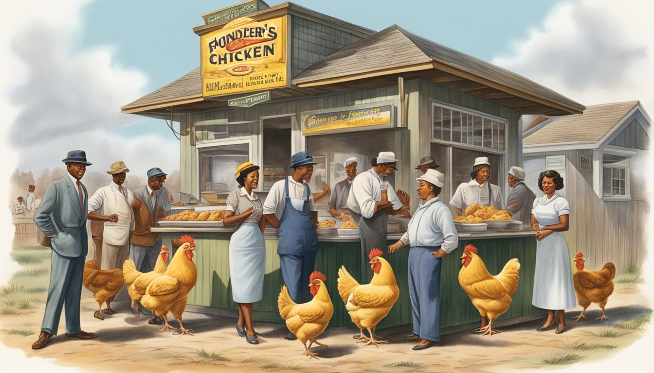 A group of people gather in front of a small, humble chicken shack, as the founders of Church's Chicken proudly display their new business venture in 1952