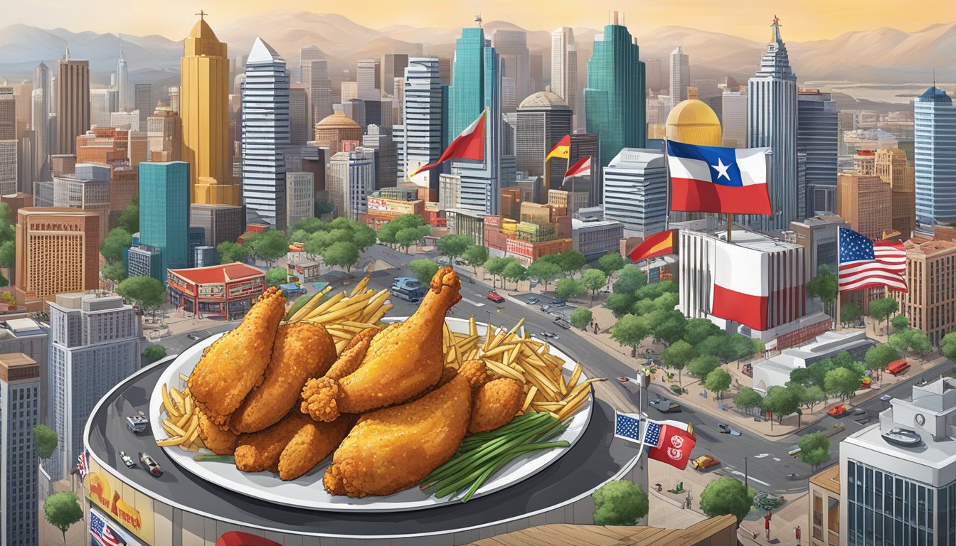 A bustling city skyline with a prominent Church's Texas Chicken restaurant, surrounded by diverse cultural landmarks and international flags