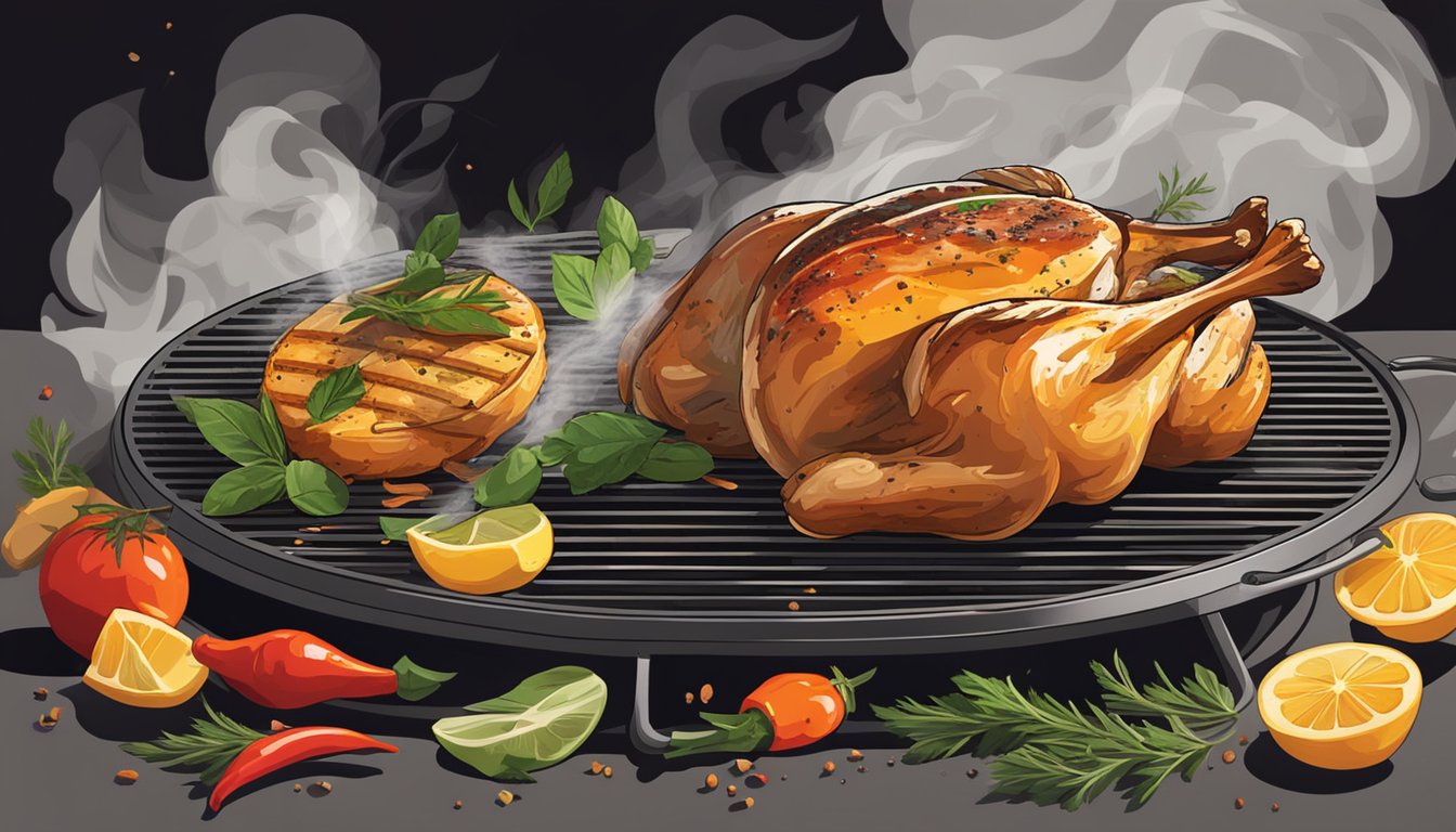 A sizzling chicken breast on a grill, surrounded by vibrant spices and herbs. The smoke rises as it cooks, creating an enticing aroma