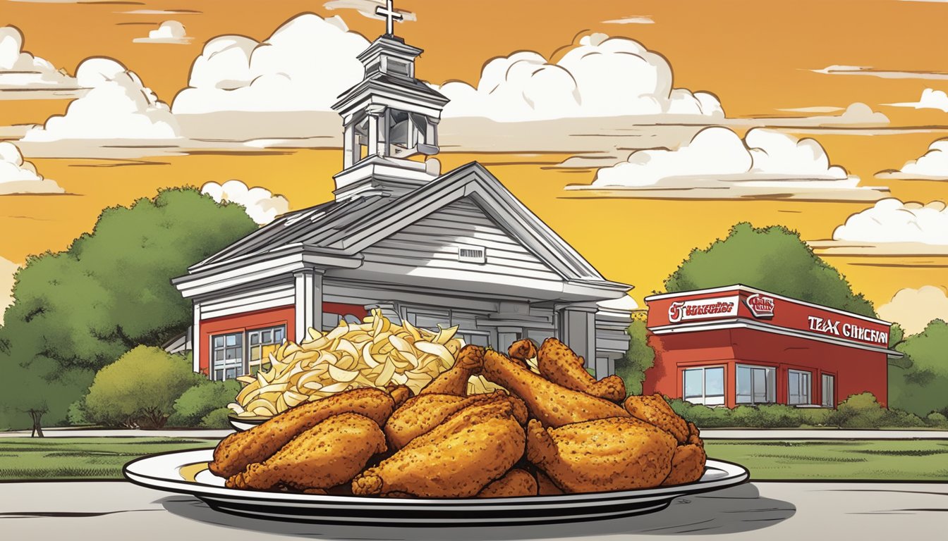 A sizzling plate of spicy chicken flavor is being served at Church's Texas Chicken, with the iconic logo and branding in the background