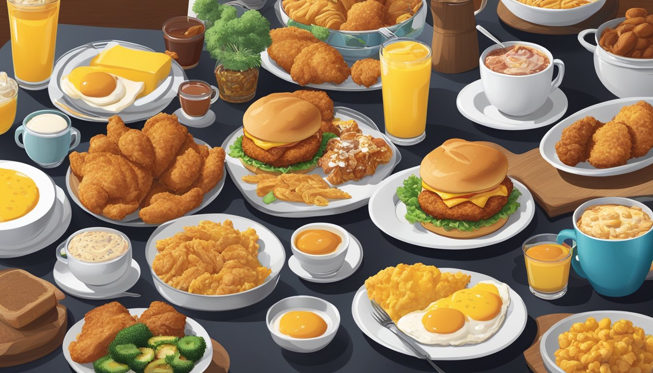 A table filled with a variety of unique breakfast items, including Church's Texas Chicken dishes, surrounded by colorful and inviting decor