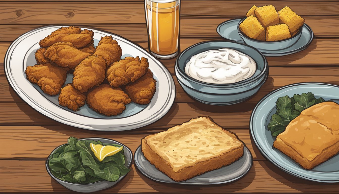 A rustic wooden table set with fried chicken, cornbread, collard greens, and sweet tea, evoking a Southern-style menu