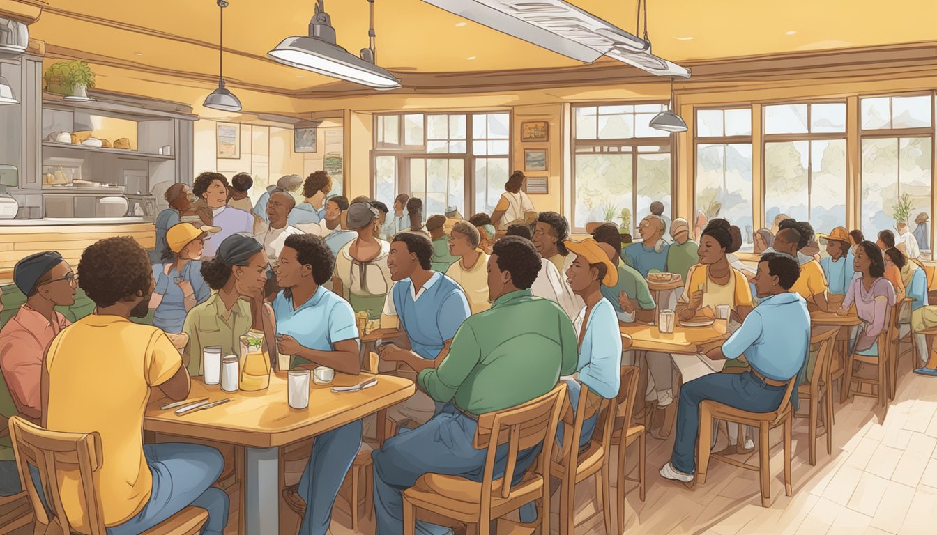 A crowded restaurant with a banner announcing the launch of Honey-Butter Biscuit Tenders. Customers enjoying the new menu item