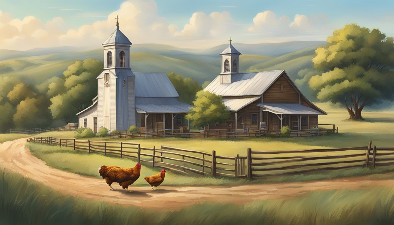 A rustic Texas farm with a large, welcoming Church's Texas Chicken restaurant nestled among rolling hills and grazing cattle