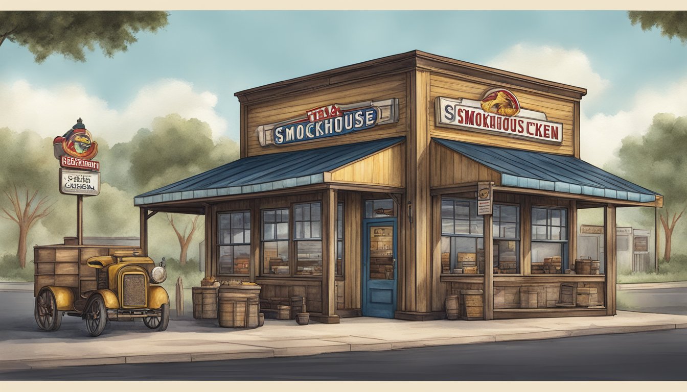 A vintage Texas Chicken storefront with a prominent sign advertising "The Smokehouse Chicken" in 2017