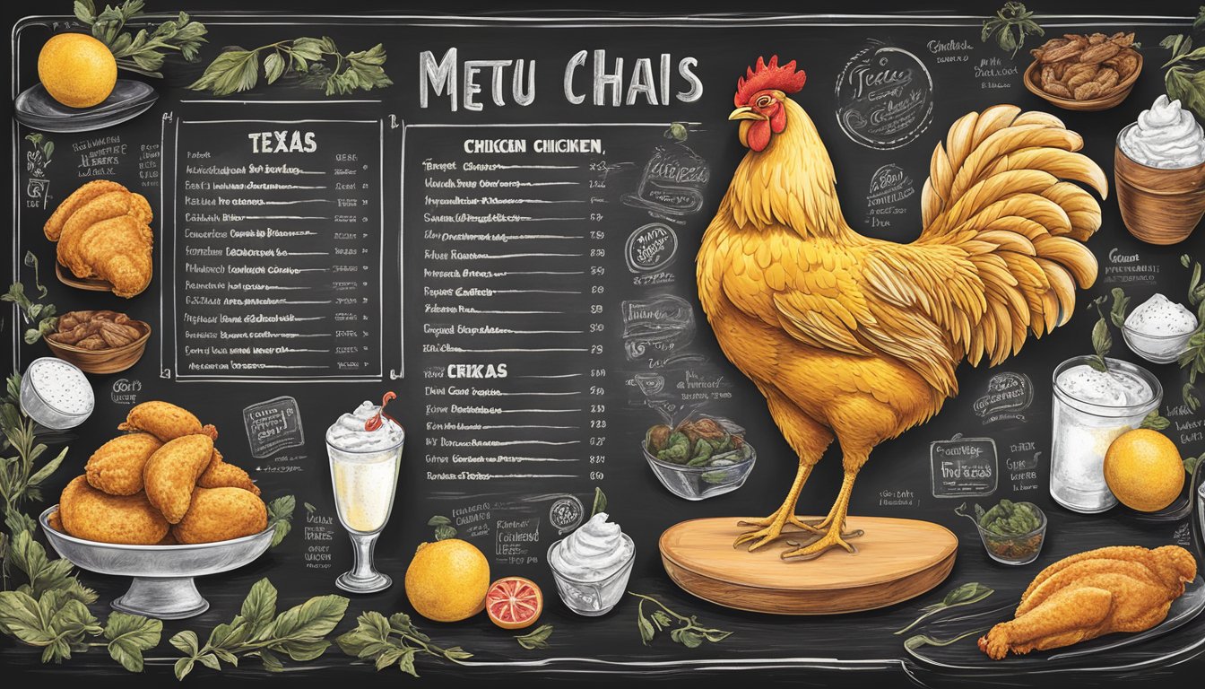 A colorful chalkboard menu with illustrations of Texas Chicken and hidden facts surrounded by playful chicken-themed decor