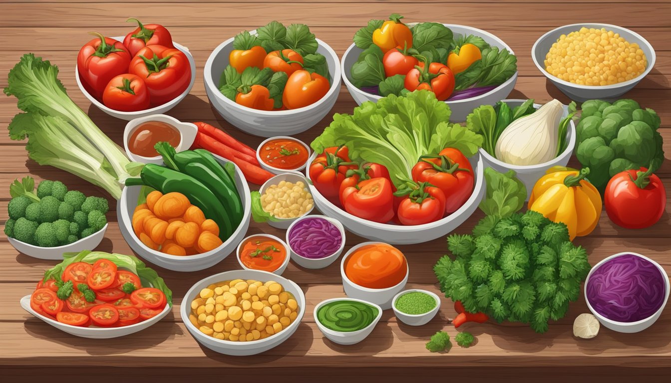 A colorful array of fresh vegetables and lean proteins arranged on a wooden table, with vibrant sauces and herbs on the side