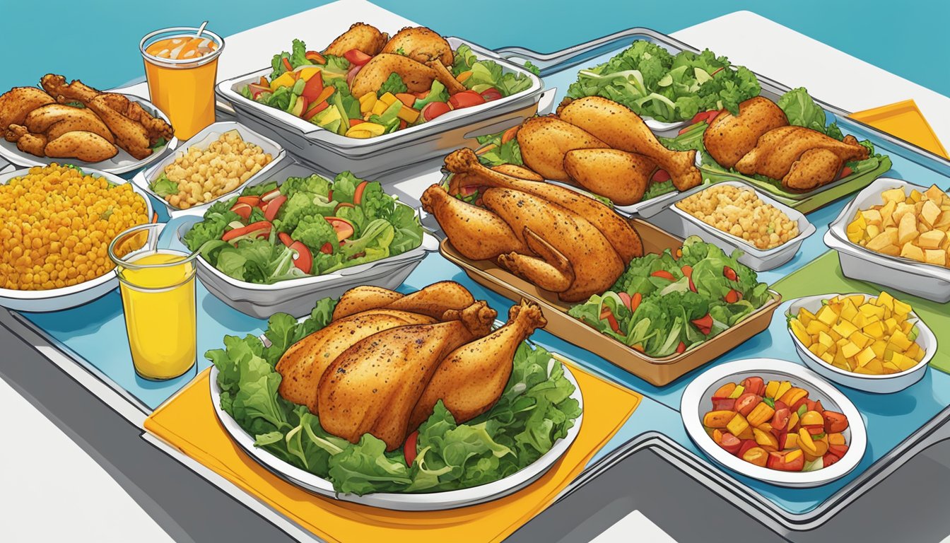 A colorful spread of grilled chicken, fresh salads, and steamed vegetables on a vibrant tray at Church's Texas Chicken