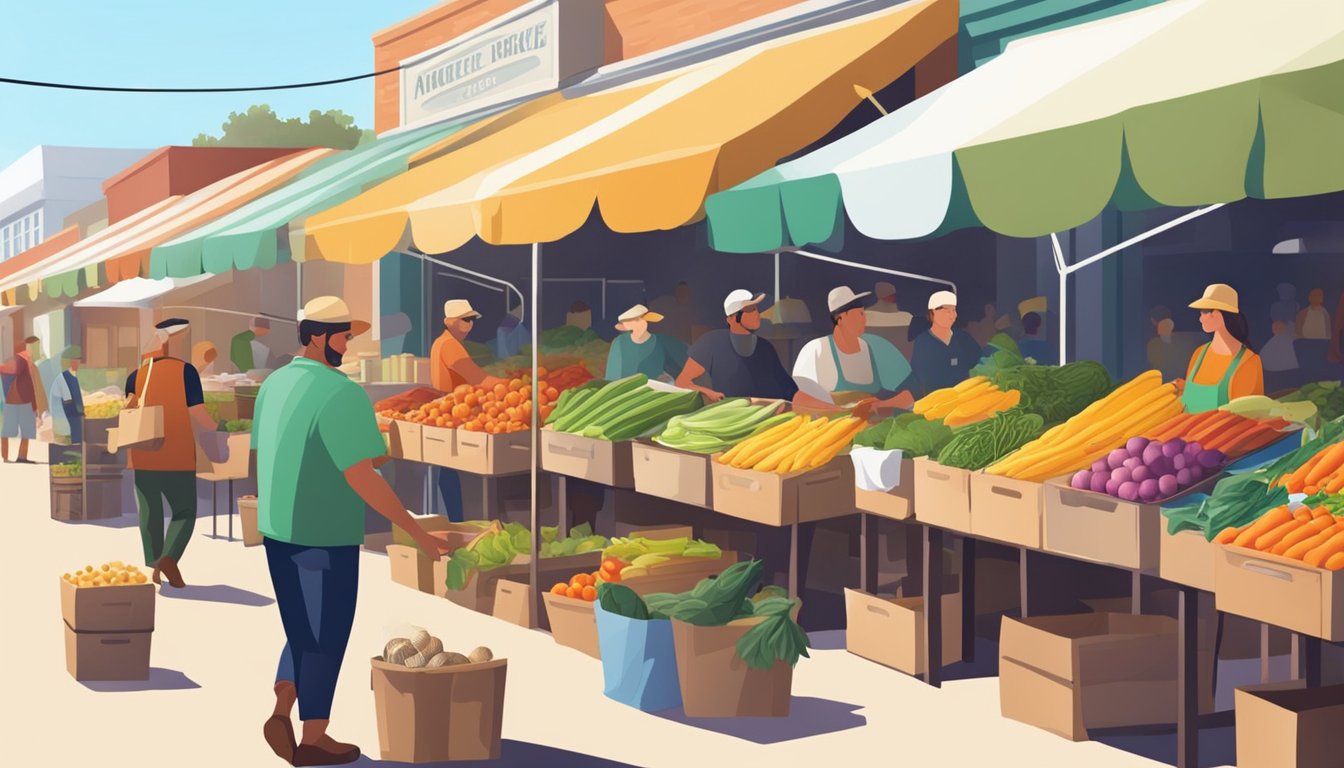 A bustling farmers market with vendors selling colorful, fresh produce. A worker unloading crates of locally sourced ingredients at a pristine restaurant kitchen