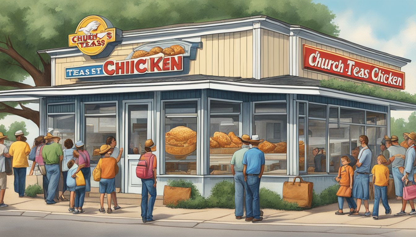 A group of people gathering in a small Texas town, with a sign reading "Church's Texas Chicken - Est. 1952" in the background