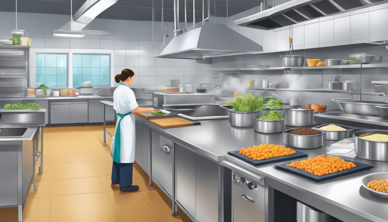 An industrial kitchen with staff training on food safety and quality control measures in place. Ingredients and cooking equipment are visible