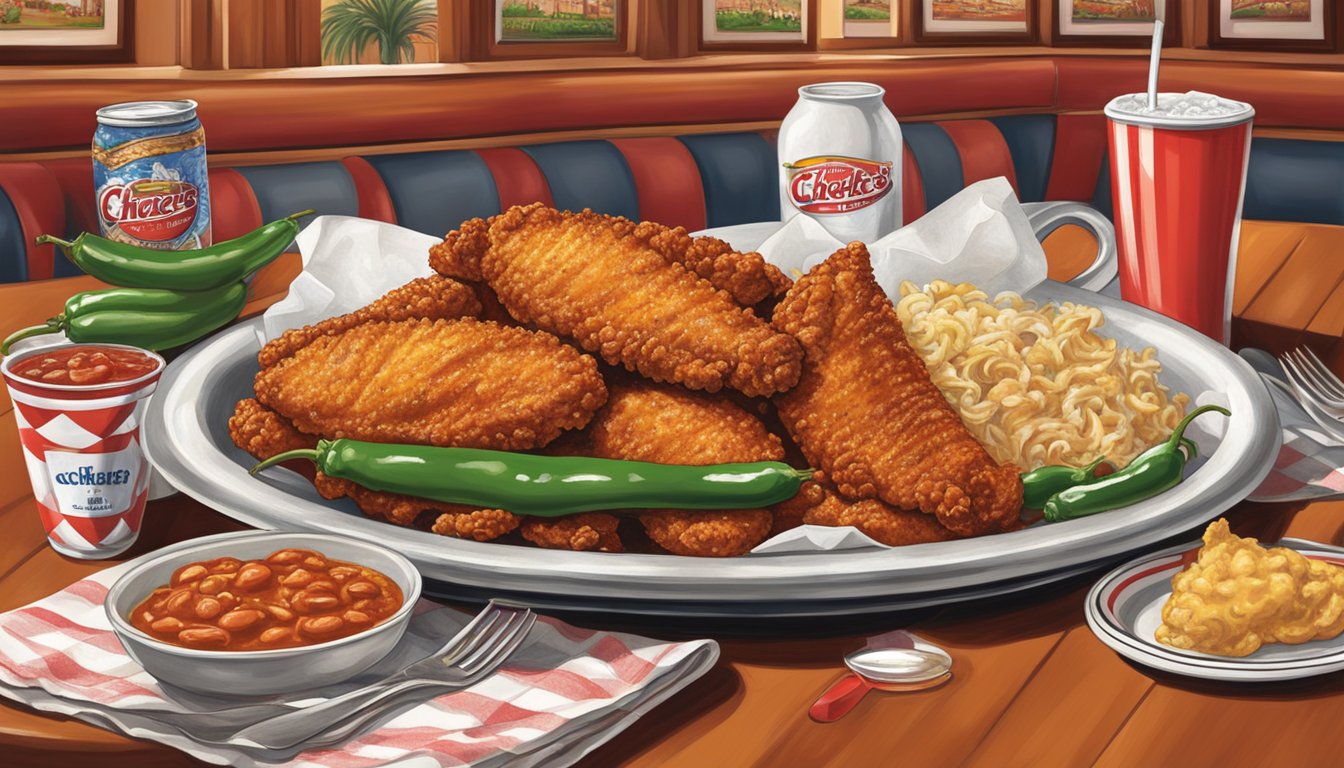 A sizzling plate of spicy jalapeño bombers surrounded by the iconic red and white decor of a Church's Texas Chicken restaurant