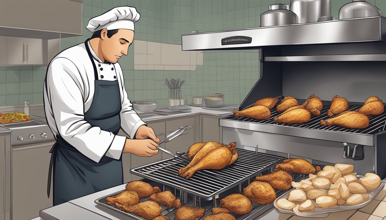 A chef meticulously inspects and seasons fresh chicken before placing it on a grill. A thermometer monitors the temperature, ensuring it reaches the perfect level of doneness