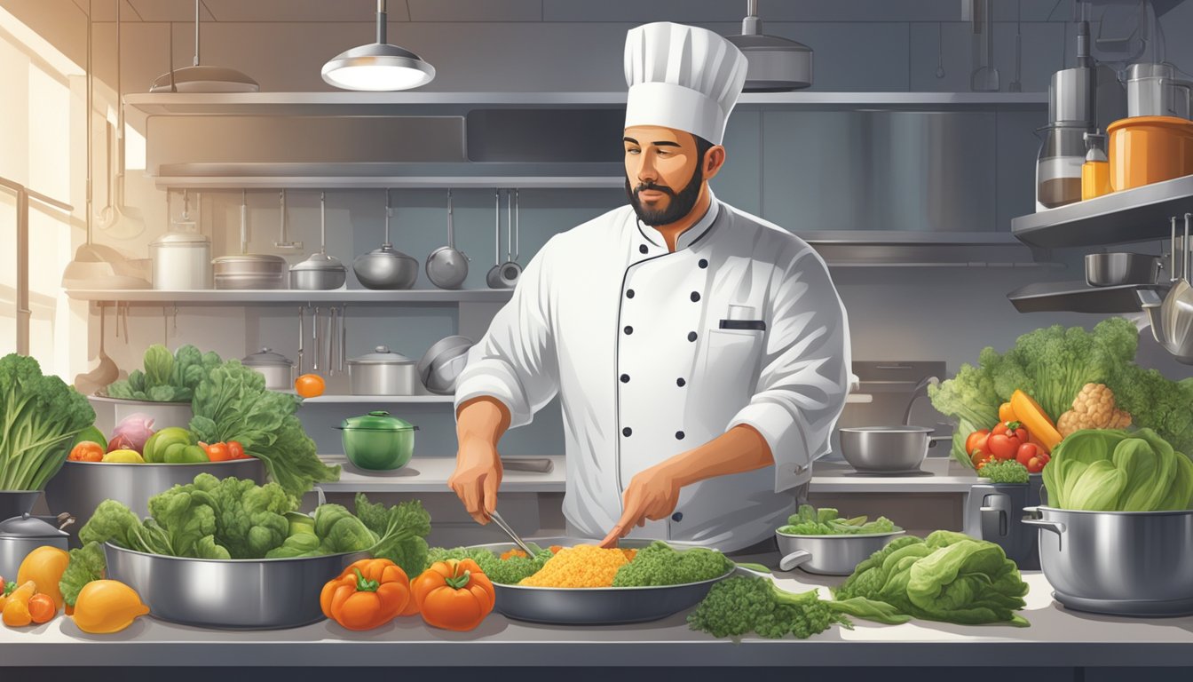 A chef carefully inspects fresh ingredients, checks cooking temperatures, and monitors cleanliness in a bustling kitchen