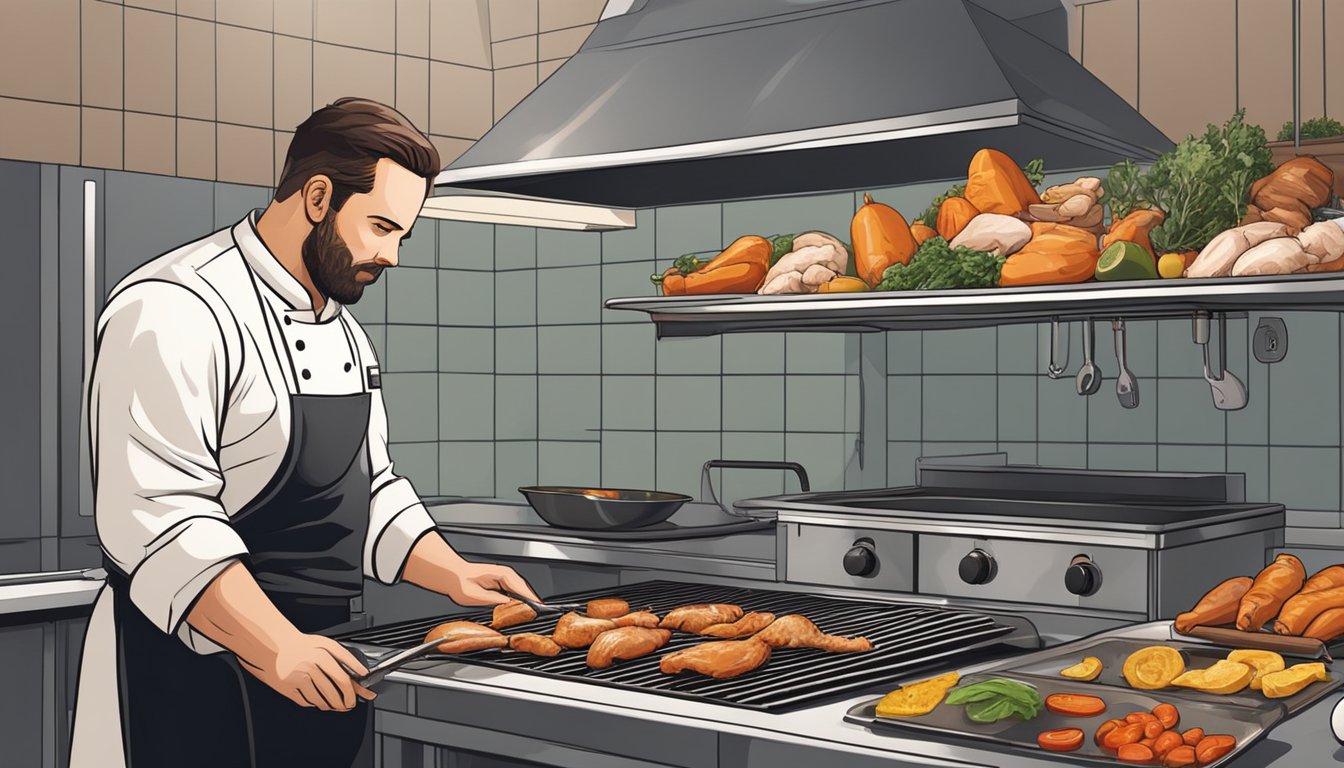 A chef in a clean, organized kitchen carefully inspects and seasons fresh chicken before placing it on a sizzling grill. The aroma of spices fills the air