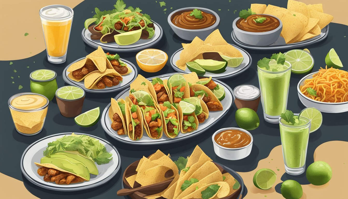 A platter of mini tacos topped with slices of avocado and lime, surrounded by Texan chicken menu items