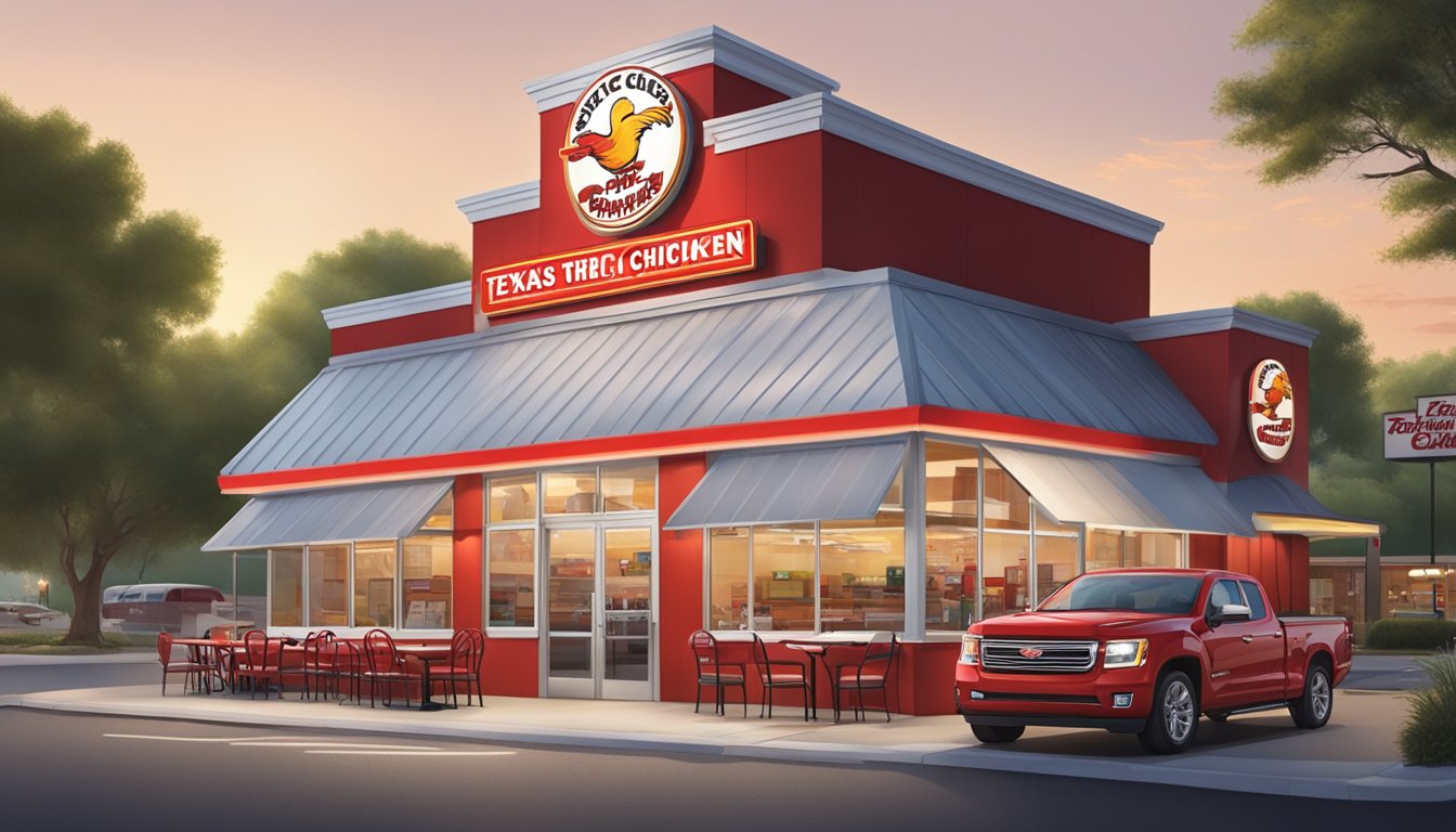 A bustling Church's Texas Chicken restaurant with a red and white exterior, a drive-thru window, outdoor seating, and a prominent sign