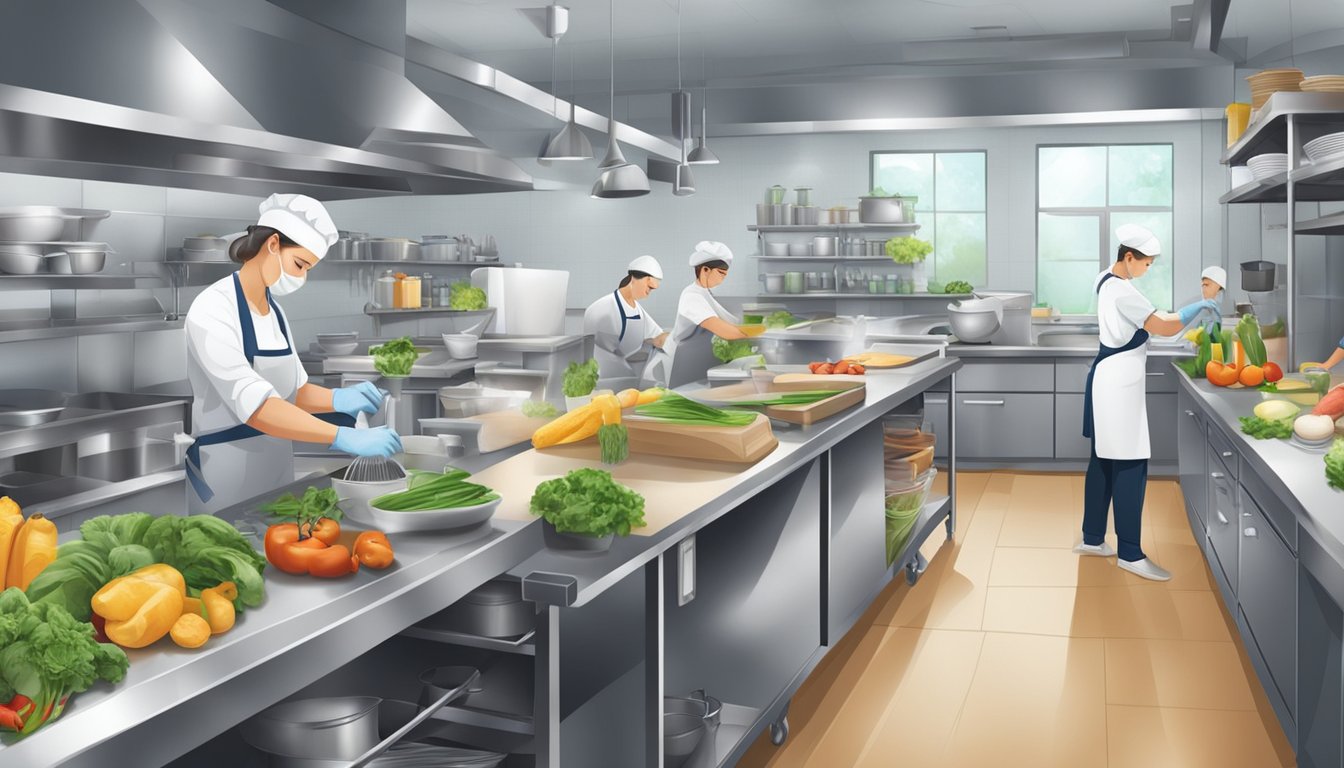 A busy kitchen with staff wearing gloves, cleaning surfaces, and organizing ingredients while maintaining a high standard of cleanliness and food quality