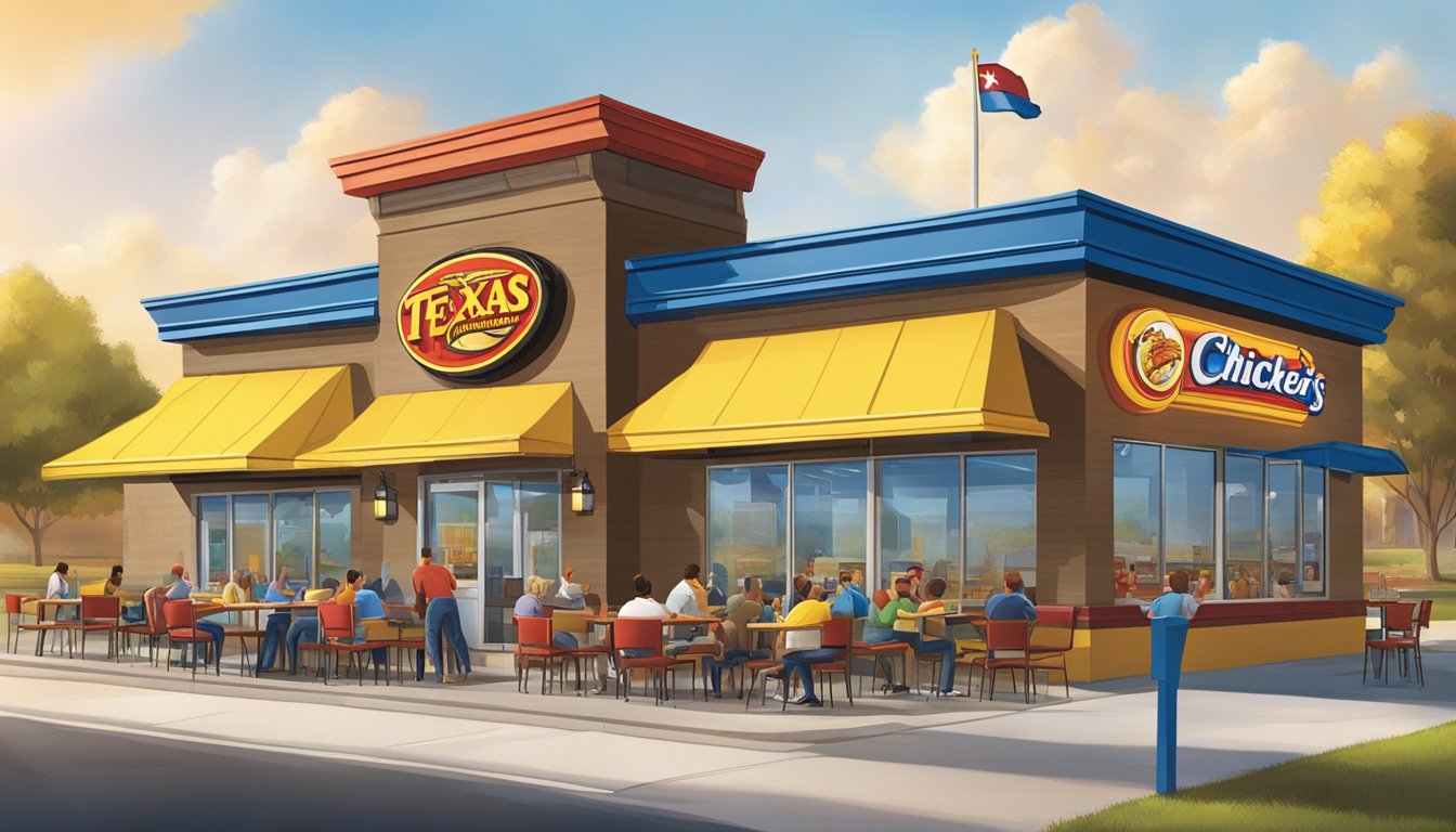 A colorful and bustling Texas Chicken restaurant with a prominently displayed Church's Chicken Sandwich. Customers enjoy their meals at vibrant, modern tables