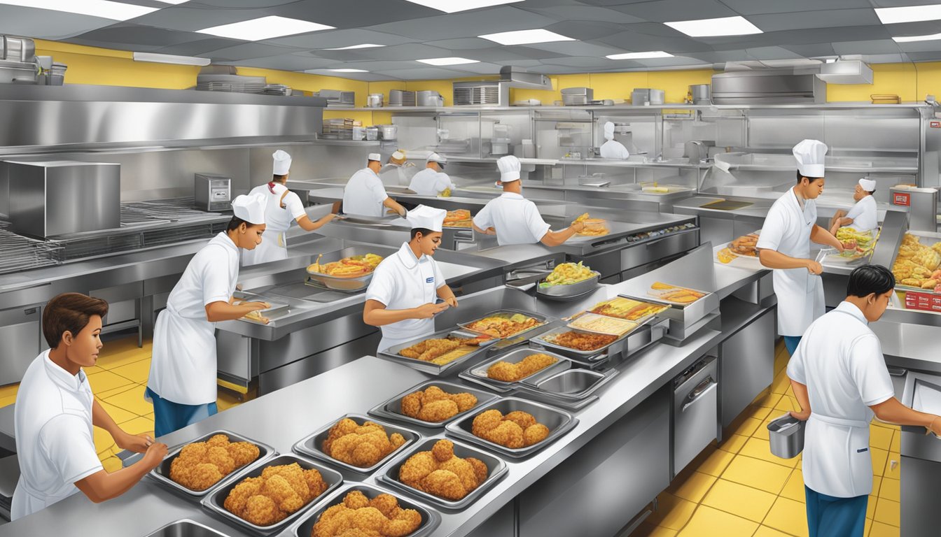 A bustling kitchen at Church's Texas Chicken, with staff inspecting and preparing food, while a manager oversees the quality control process