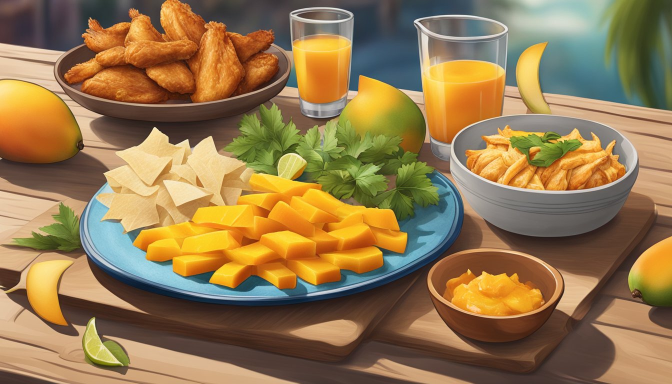 A vibrant plate of mango strips and spicy chicken, surrounded by Texan-themed decor