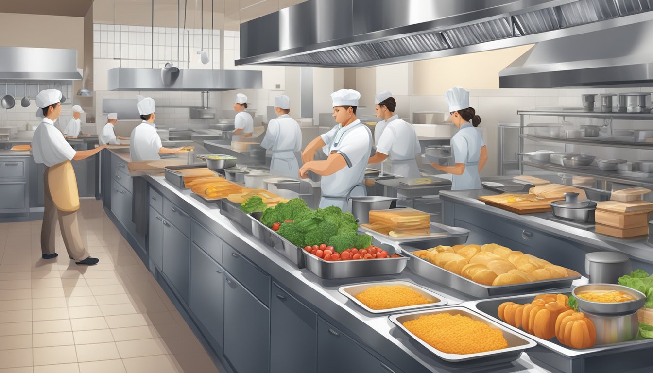 A bustling kitchen with employees engaged in various food preparation tasks, overseen by a manager monitoring quality control measures