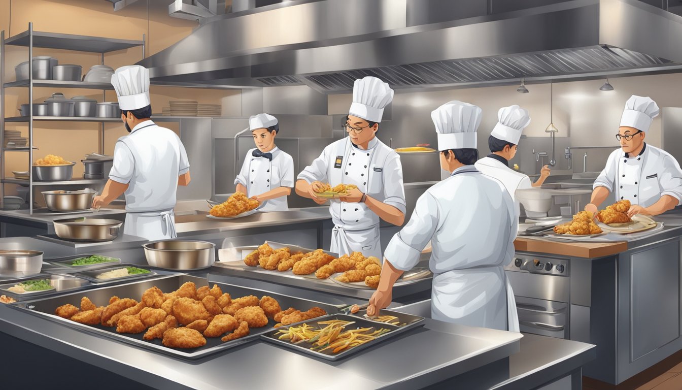 A bustling kitchen with chefs preparing and cooking delicious fried chicken, while a manager oversees the process and checks the quality of the ingredients