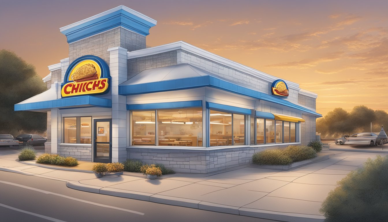 A large frosted Texas sheet cake sits on a table surrounded by seven unique features of Church's Texas Chicken Restaurants