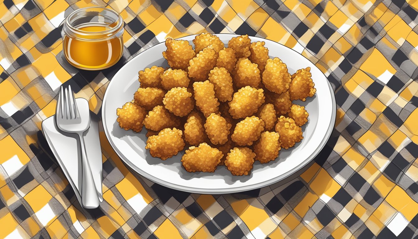 A plate of golden-brown popcorn chicken drizzled with honey mustard sauce on a checkered tablecloth