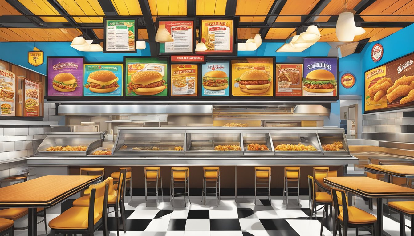 A vibrant menu board displays 7 distinct features of Church's Texas Chicken restaurants, surrounded by colorful illustrations of innovative menu offerings