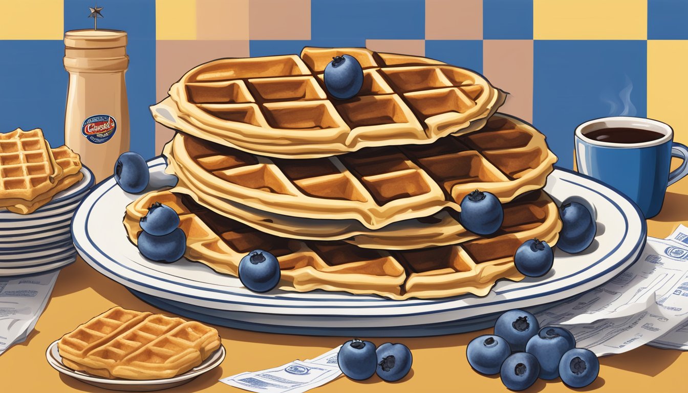 A stack of blueberry maple waffles surrounded by discarded menu items from Church's Texas Chicken