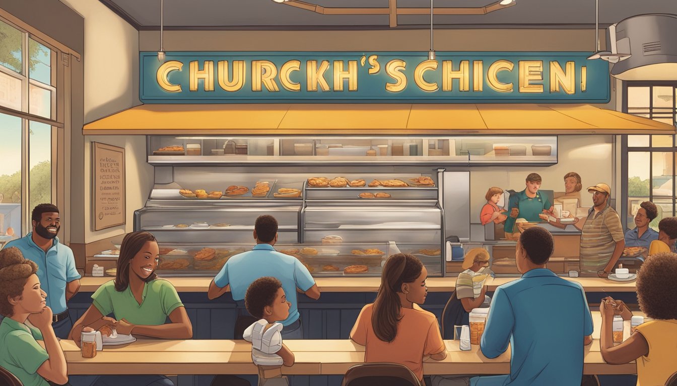 A crowded restaurant with a large sign reading "Church's Texas Chicken." Several people are seen enjoying their meals, with a line of customers waiting to order at the counter