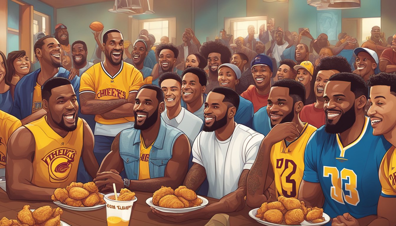 A group of enthusiastic celebrities enjoying Church's Texas Chicken while watching a basketball game featuring LeBron James